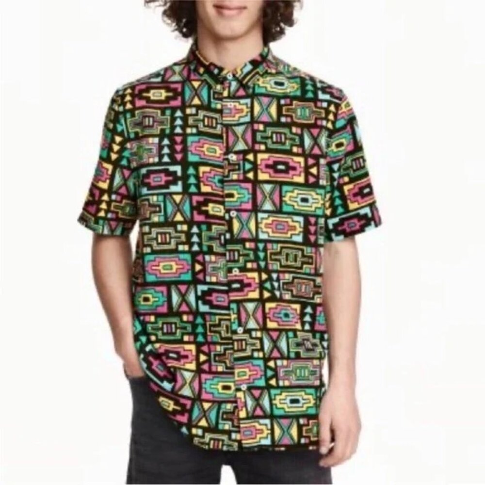 H&M Coachella Collab Colorful Aztec Short Sleeve Button Up - Large